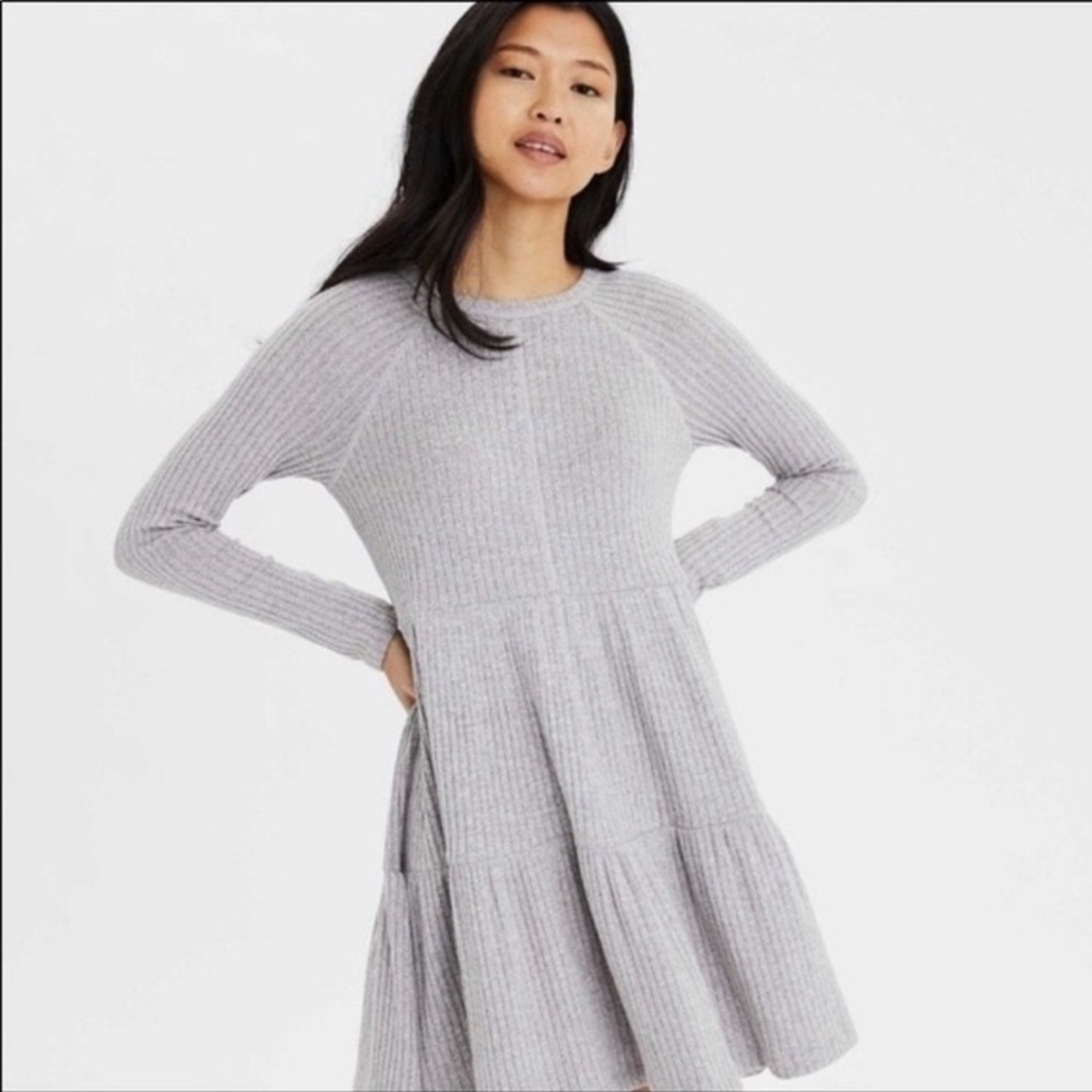 AMERICAN EAGLE Light Grey Soft Rib Knit Long Sleeve Mini Shift Dress